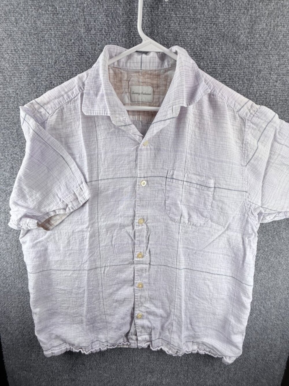 Tommy Bahama Plaid Short Sleeve Linen Large Purple Pocket Casual Shirt Beach